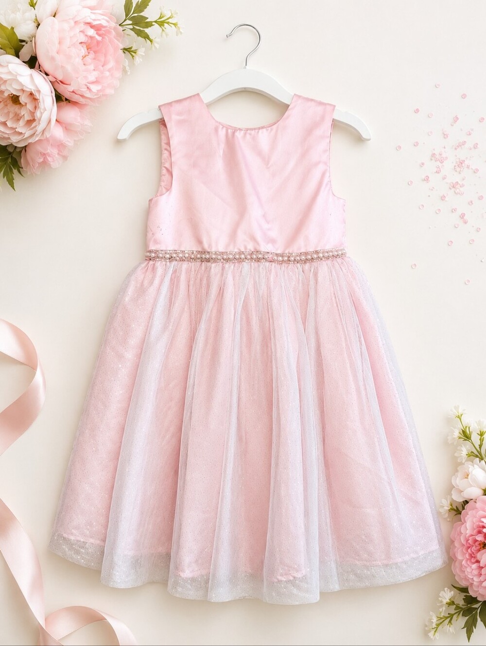Blueberi Boulevard Sparkle Tulle Dress Girls 5 Pink Pearl Trim Party Flower Girl